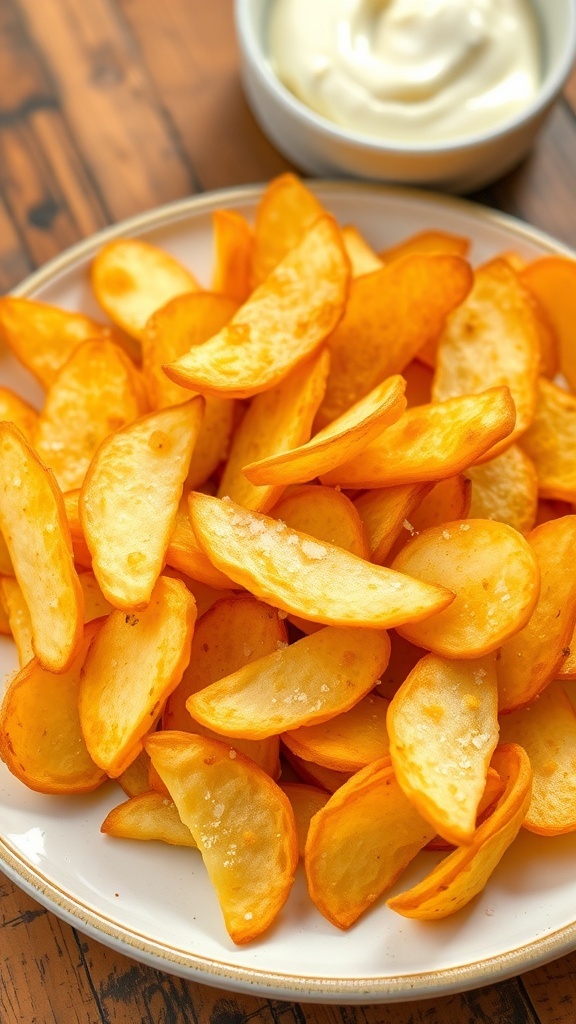 A plate of crispy homemade potato chips with a bowl of dip on a rustic wooden table.